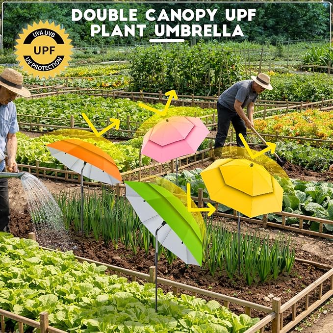4 Pack 24.9" Double Canopy 47.2" Height Plant Umbrellas for Outdoor Plants, 3D Stakes 360° Adjustable Plant Shades for Outdoor Plants, Garden