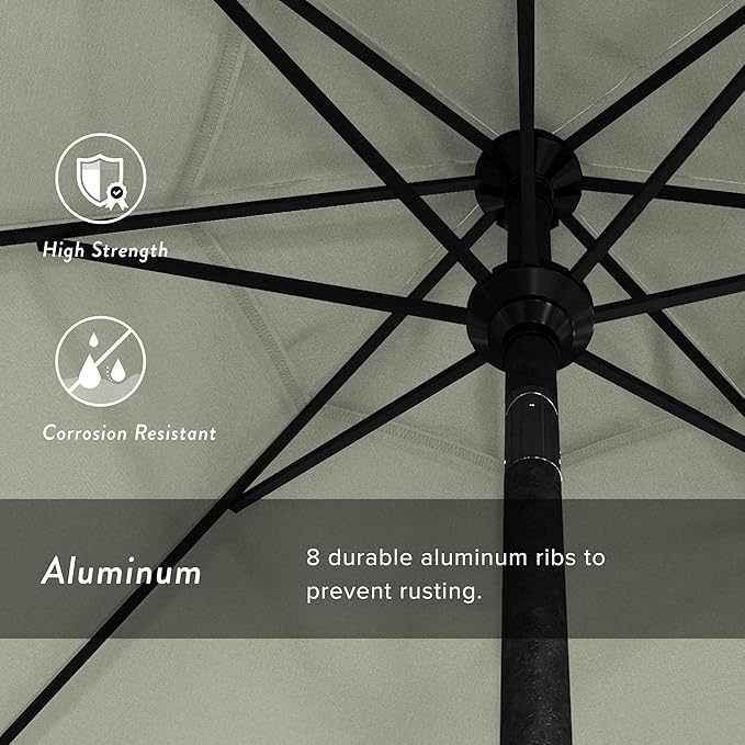 California Umbrella 9' Round Aluminum Market Umbrella, Crank Lift, Push Button Tilt, Black Pole, Pacifica