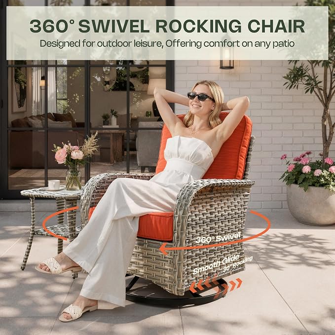 11 Piece Patio Furniture Set Outdoor Sectional with 54" Fire Pit Table, Wicker Swivel Rocking Chairs and L-Shaped Rattan Couch, Modular Conversation Set with Solar Coffee Table for Backyard, Orange