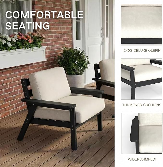 Kingdura HDPE Patio Furniture Set, 3 Piece Outdoor Sectional Sofa with Coffee Table, All Weather Outdoor Couch Conversation Set with Washable Cushions for Backyard Poolside Balcony