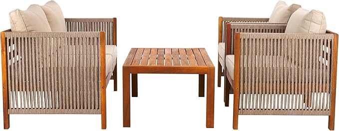 SAFAVIEH Outdoor Collection Roya Natural/Taupe Solid Wood 4-Piece Conversation Set