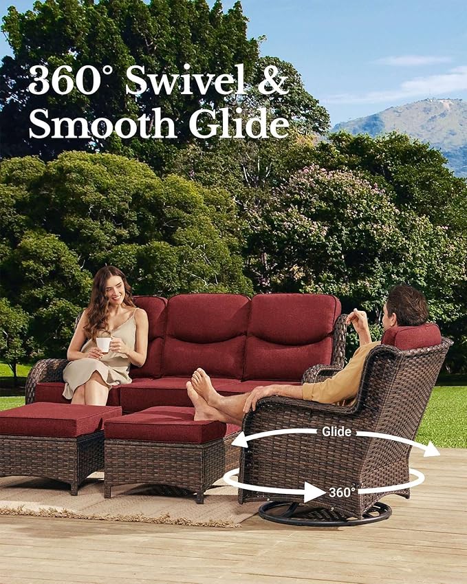 HILLGA Luxury Patio Furniture Set with 6-Inch Thick Cushions, High Back Outdoor Swivel Rocker Chairs and Patio Couch, 10-Piece All Weather Conversation Set for Porch Deck Pool Yard, Burgundy (V3)