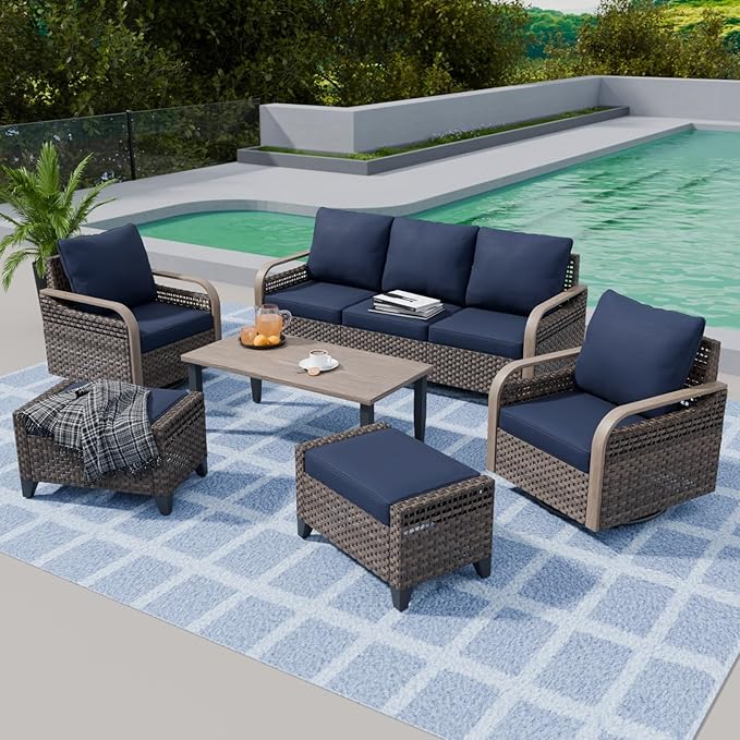 COOS BAY Modern Wicker Outdoor Furniture Set, 6 Piece Patio Conversation Set with 2 Swivel Rockers, a 3 Seat Couch, 2 Ottomans and Coffee Table, 6 Piece, Brown/Blue
