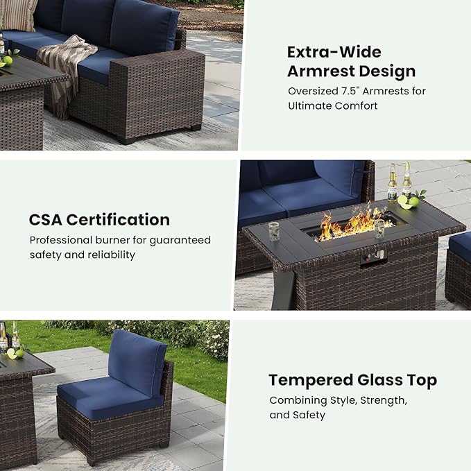 Soohow 7-Piece Patio Furniture Set with 44" Fire Pit Table, Outdoor Sectional Wicker Rattan Conversation Set for Garden, Porch, Backyard - Navy Blue Cushions