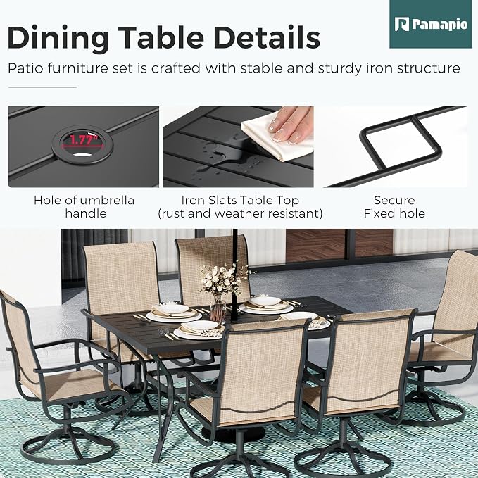 7-Piece Outdoor Dining Set, Patio Furniture Set with Textilene Swivel Chairs, Outdoor Table & 6 Chairs for Garden, Backyard, Poolside, Deck, Beige