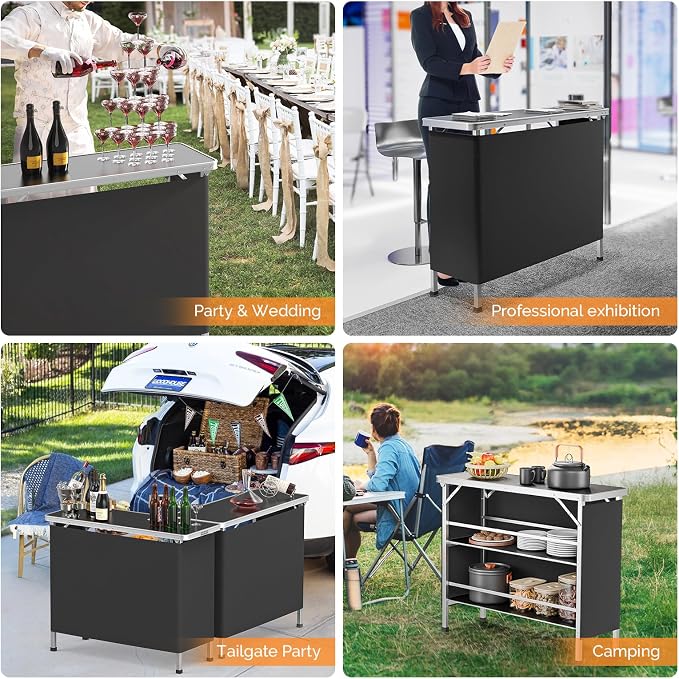 VINGLI 43" Portable Bar Table, 3-Tier Shelves, Carry Bag，Mobile Bar Table for Events, Party, Camping, Picnic, Tradeshow, Outdoor & Indoor with Black Skirt(2, 43") (2) (Black-2P, 43")