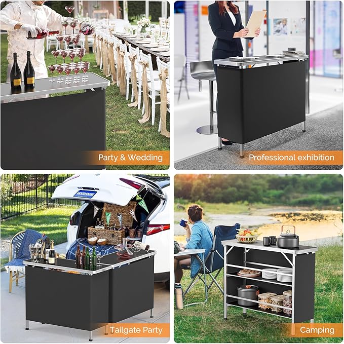 VINGLI 43" Portable Bar Table, 3-Tier Shelves, Carry Bag，Mobile Bar Table for Events, Party, Camping, Picnic, Tradeshow, Outdoor & Indoor with Black Skirt(2, 43") (2) (Black-1P, 43")