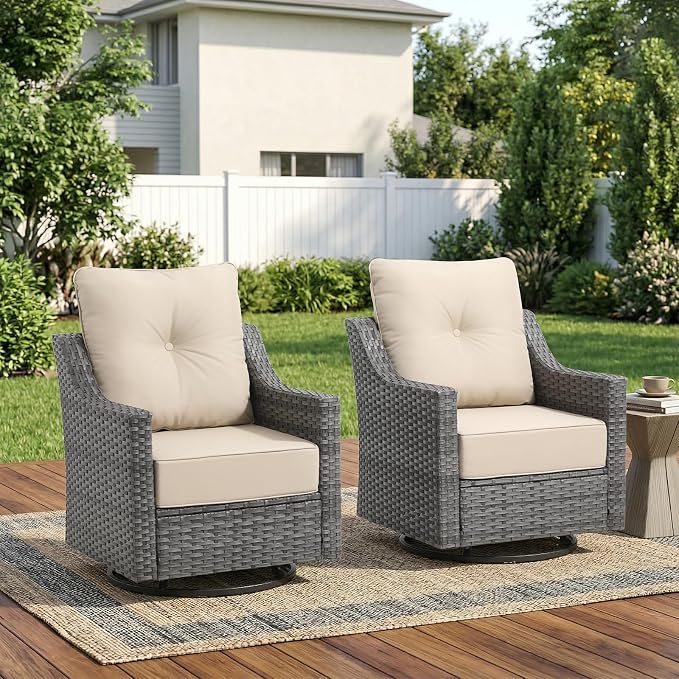 Patio Furniture Set,360°Swivel Glider Patio Chairs Set of 2,Comfortable Seating with 6 Inch Thick Cushions and Smooth Rocking Motion,All-Weather Wicker Patio Set for Porch Deck Balcony Garden