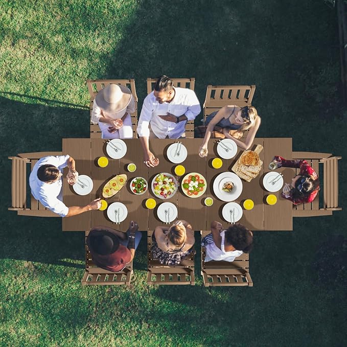 LOUNZY 9 Pieces Patio Dining Sets, Outdoor HDPE Furniture Set for 8 w/ 2" Hole Cut-Out Dining Table with 8 Patio Chairs(2 W/Armrest, 6 w/o Armrest), Brown