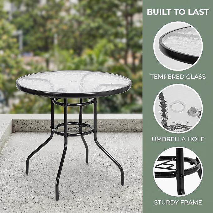31.5" Round Outdoor Dining Table, Toughened Glass Patio Table with Umbrella Hole for Yard and Garden