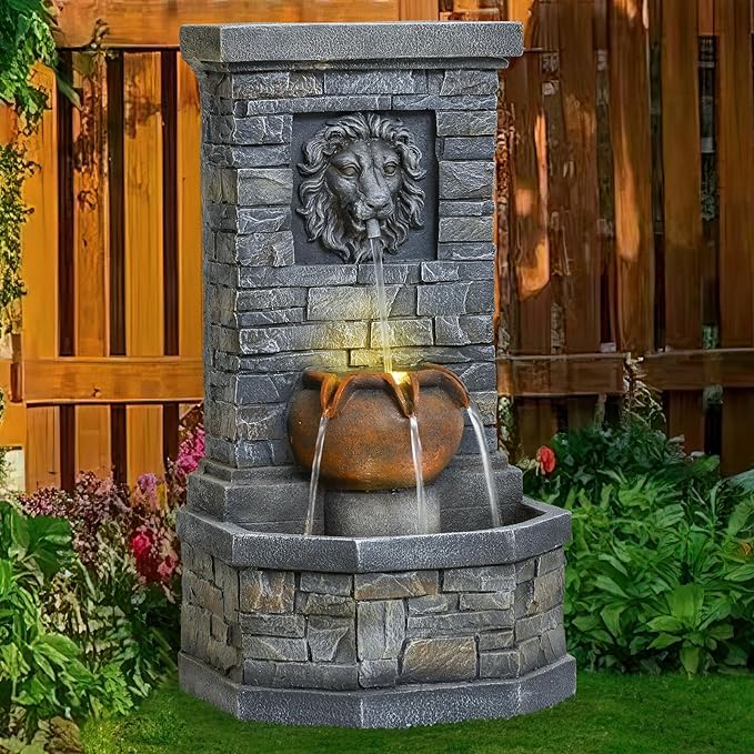 26'' Outdoor Water Fountain, Lion Head Floor-Standing Stone Waterfall Fountain with LED Lights, Garden Decor Water Feature for Patio, Backyard, Deck, Porch, Home Art Decor
