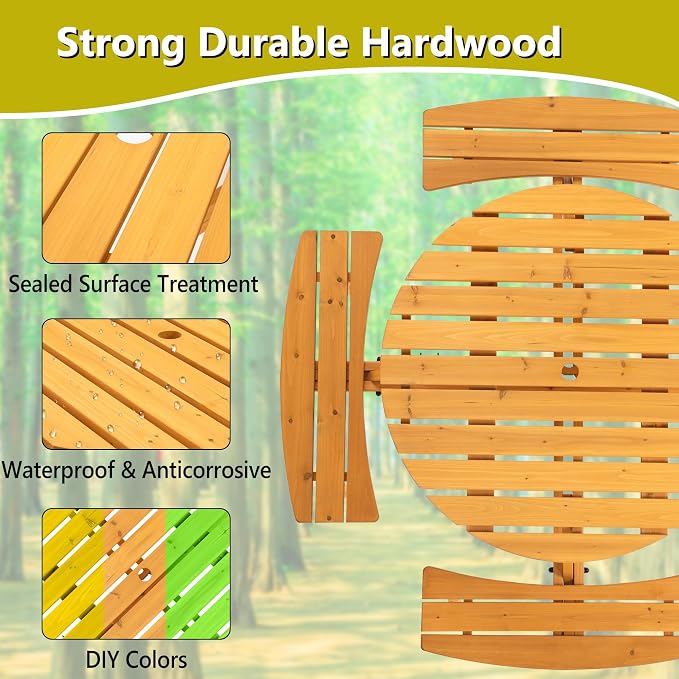 Outdoor Wooden Picnic Table with 4 Built-in Benches and Umbrella Hole for 8 Person，Outside Table and Bench Set Round Picnic Table for Garden, Backyard, Porch,Patio（Natural