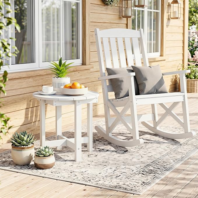 Tangkula Round Outdoor Side Table, Adirondack Side Table with Weather-Resistant, Waterproof Top, Small Outside End Table for Patio Deck Pool Porch, Easy Maintenance (White,1)