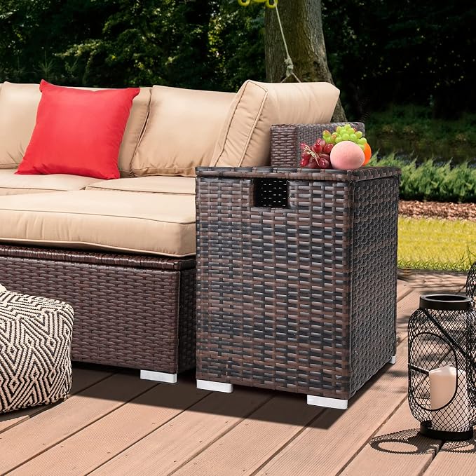 15.7in Outdoor PE Wicker Side Table,Rectangle Patio Rattan End Table,Outside Storage Bin Container,All-Weather Small Storage Box Tables,with Lid,for Garden Porch Poolside Deck Backyard (Brown)