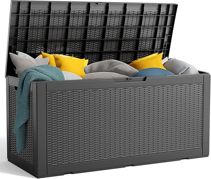PatioZen 120 Gallon Outdoor Deck Box,Waterproof Resin Outdoor Storage Boxes, Outside Storage Lockable Container for Garden Tools,Indooor Cushions,Accessories (Black)