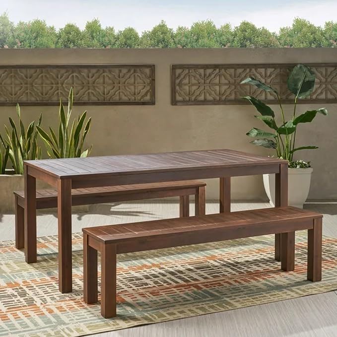 roomfitters 3-Piece Outdoor Courtyard Dining Set, Solid Wood Slatted Table and 2 Benches for Patio Garden, Dark Brown