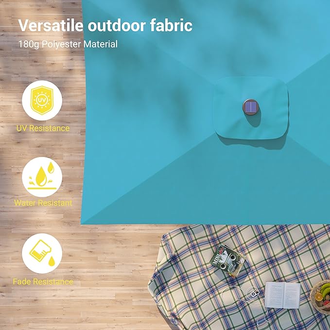 Rectangle Patio Umbrella with Solar Lights, 10 x 6.5ft Rectangular Outdoor Umbrella Table Market Patio Umbrella with Push Button Tilt and Crank for Garden, Deck, Backyard, Pool