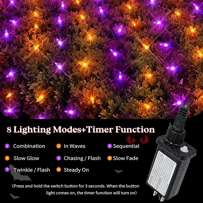 2 Pack 120LED Net Lights Outdoor, 5ft x 6ft Connectable Mesh Lights, 8 Modes 3.5V Low Voltage Waterproof Bush Lights for Trees, Bushes, Wedding, Party Decor (Orange/Purple, 2Pack)