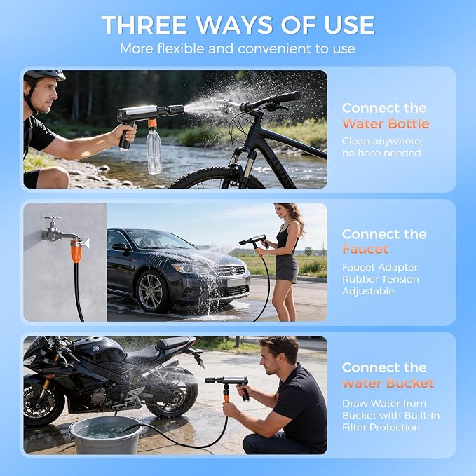 Foldable Pressure Washer Portable Battery Washer with 5-in-1 Nozzle, 3 Levels & LCD Display, Handheld Washer for Car, Bike, Patio & Camping (Black)