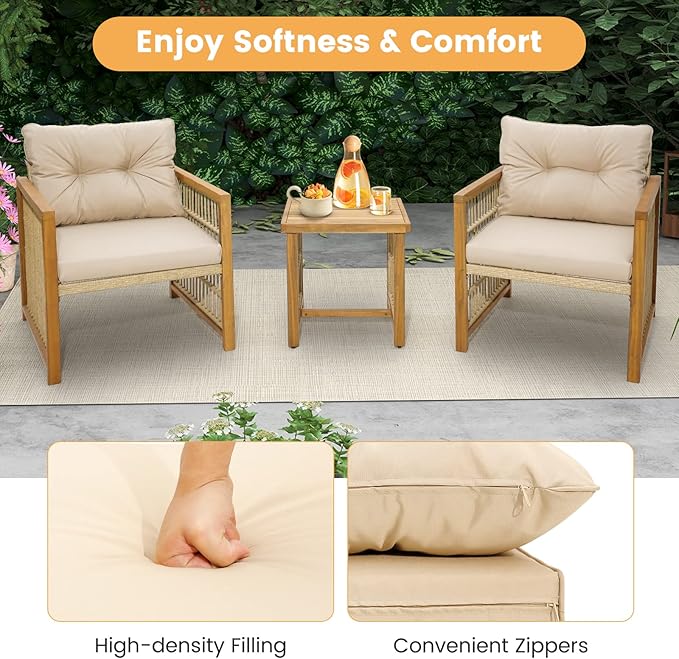 HAPPYGRILL 3 Pieces Patio Furniture Set, PE Wicker Conversation Set with Soft Seat & Back Cushions, Stable Acacia Wood Frame, Outdoor Sofa Set for Backyard, Porch, Poolside
