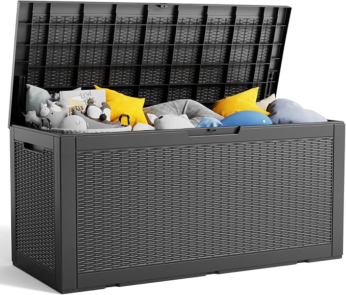 ROJIK 120 Gallon Waterproof Outdoor Deck Storage Box, Lockable Resin Patio Storage Bin with Lid for Garden Tools, Patio Cushions & Outdoor Accessories (Black)