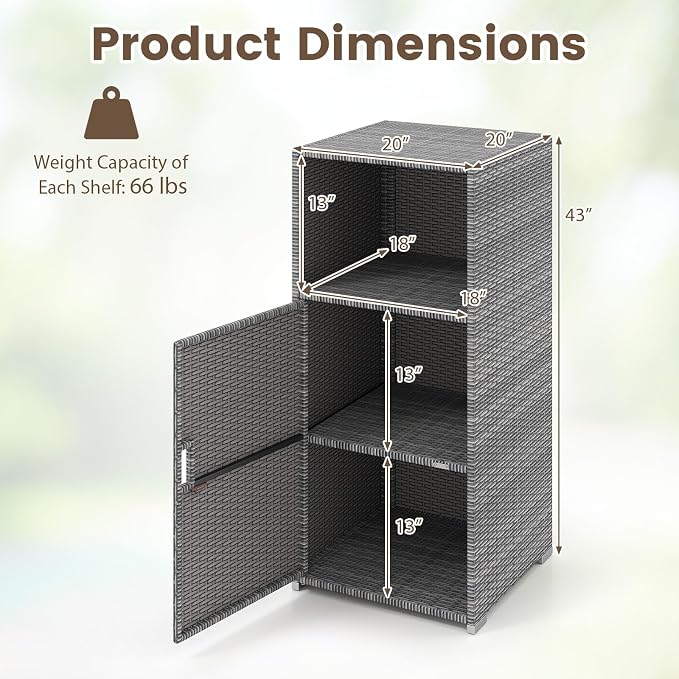 Tangkula Rattan Outdoor Storage Cabinet, Patiojoy PE Wicker Outdoor Cabinet with 3 Storage Shelves, Open Compartment and Door, Patio Storage Deck Box for Porch, Poolside, Backyard