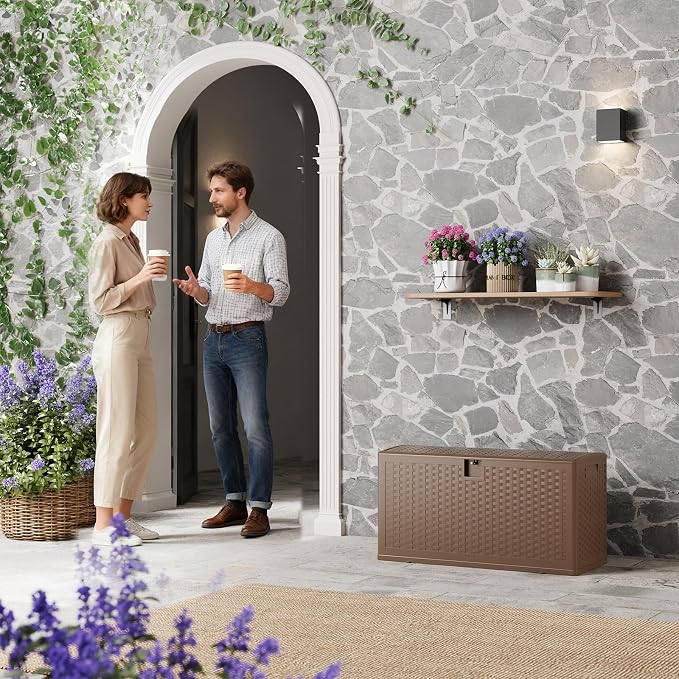 Jojoka Brown Resin Deck Box, Waterproof & Lockable Outdoor Storage Box, Patio Square Container for Package Delivery, Furniture Cushions, Garden Tools and Pool Accessories