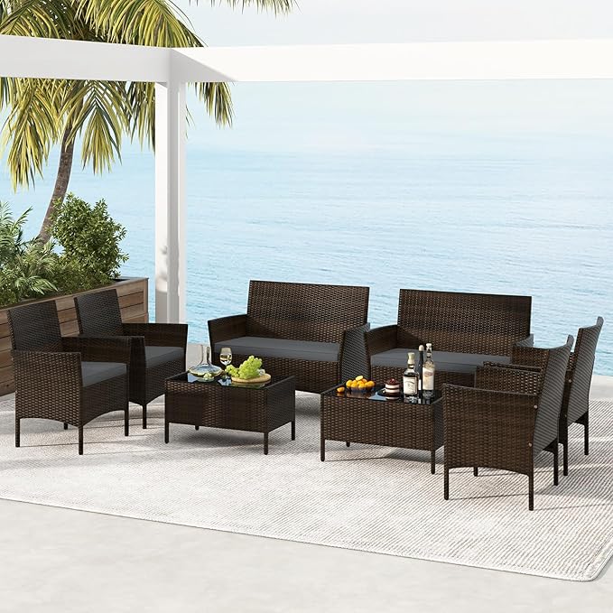 Tangkula 8 Piece Patio Rattan Conversation Set, Outdoor Wicker Furniture Set with Chair, Loveseat & Tempered Glass Table, Cozy Seat Cushions, Outside Sectional Sofa Set for Backyard, Porch (2, Grey)