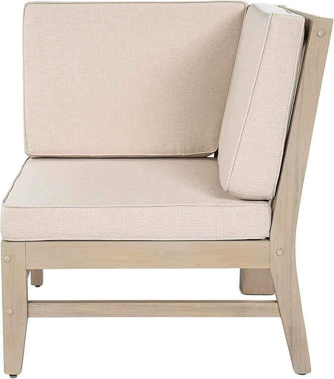 Christopher Knight Home Alex Acacia Wood Outdoor Patio Furniture Set for 6, Patio Sofa Set with Cushions, Patio Conversation Set with Sectional Sofa+Club Chairs and Coffee Table, Light White+Sand