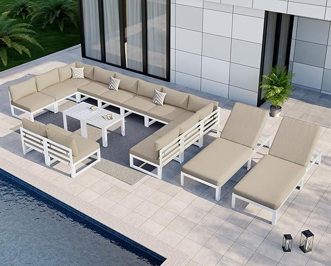 NICESOUL 14 People Large Luxury Aluminum Patio Conversation Set with Chaise & Side Table, 29" Deep Wide Modular Sectional Couch, 500 lbs Heavy Duty All Weather Outdoor Sofa for Poolside Deck, Beige