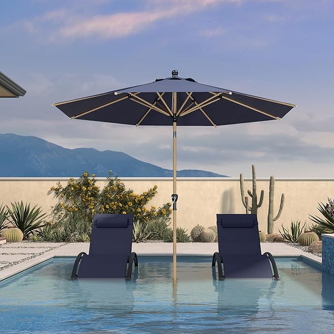 PURPLE LEAF 9 Feet Patio Umbrella with Base Market Umbrella Round Outdoor Umbrella with Push Button Tilt & Crank and 8 Ribs Aluminum Outdoor Table Umbrella for Garden Deck Balcony, Navy Blue