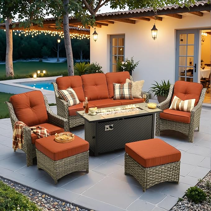 HOOOWOOO Patio Furniture Set,6 Pieces Wicker Outdoor Furniture,High Back Conversation Set with All Weather Resistant Fire Pit Table Couch Chairs Ottomans,Orange Red