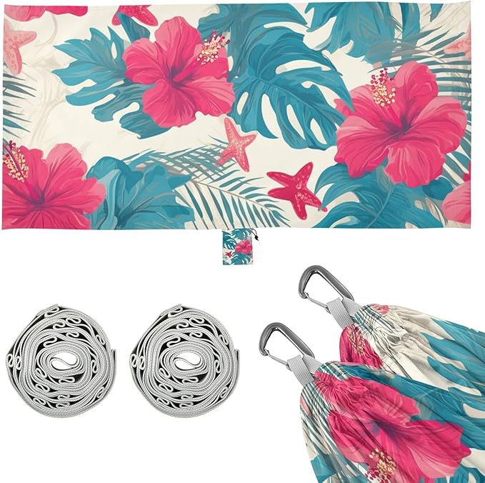 Leaves Red Hibiscus Flowers Starfish Hawaiian Style Hammocks with Hanging Rope Backyard Hammock for Patio Backyard Lounge Base
