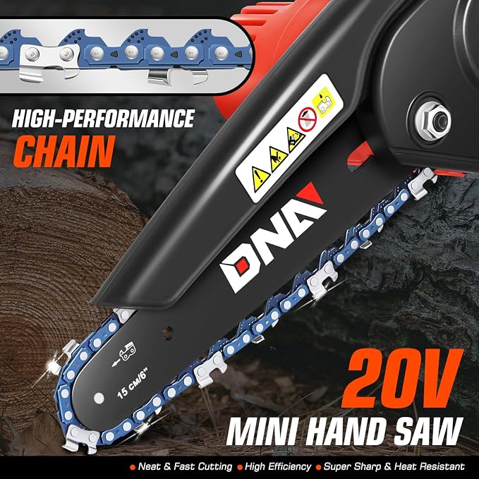 DNA MOTORING Mini Chainsaw, 6 Inch Electric Chain saw Cordless Handheld Chainsaw w/ 2 20V 2000mAh Batteries, Small Handheld Battery Powered Super Saw for Tree Trimming, Wood Cutting, TOOLS-00727-RD