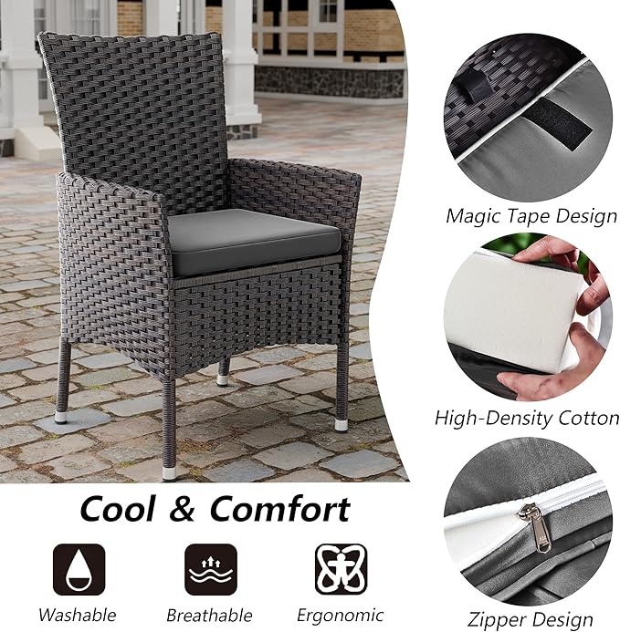 Kullavik 5 Pieces Outdoor Dining Set Patio Rattan Furniture Set,Patio Dining Table and Chairs Set with 4 Chairs and Cushions,Square Glass Tabletop with Umbrella Hole for Patio,Backyard,Grey