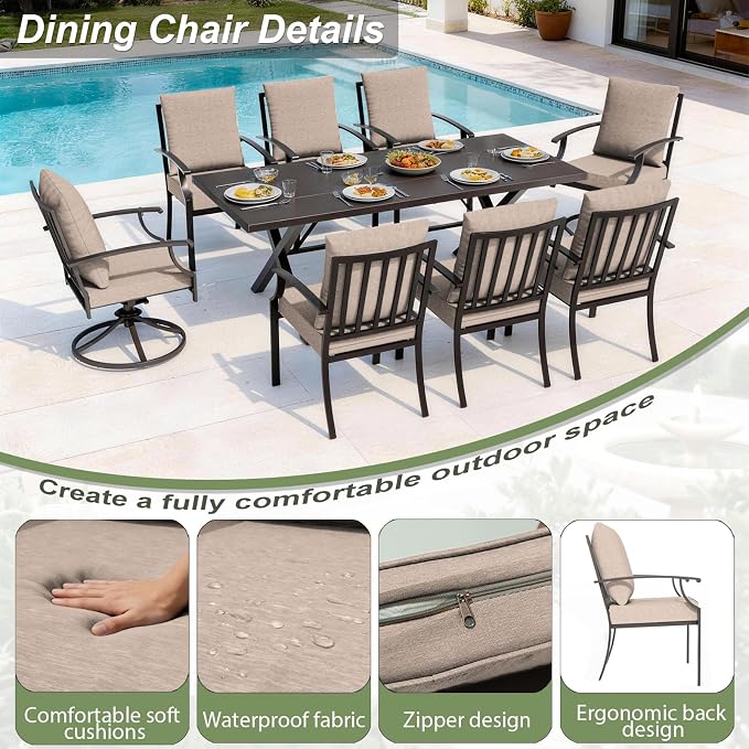 Patio Dining Set for 8 with 13.6ft Double-Sided Patio Umbrella,Outdoor Dining Set of 4 Metal Chairs and 2 Swivel Chairs with Umbrella Hole Table for Backyard,Garden,and Poolside(Brown)