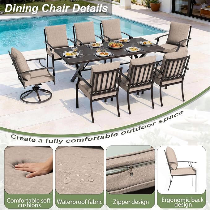 Patio Dining Set for 10 with 13.6ft Double-Sided Patio Umbrella,Outdoor Dining Set of 6 Metal Chairs and 2 Swivel Chairs with Umbrella Hole Table for Backyard,Garden,and Poolside(Brown)