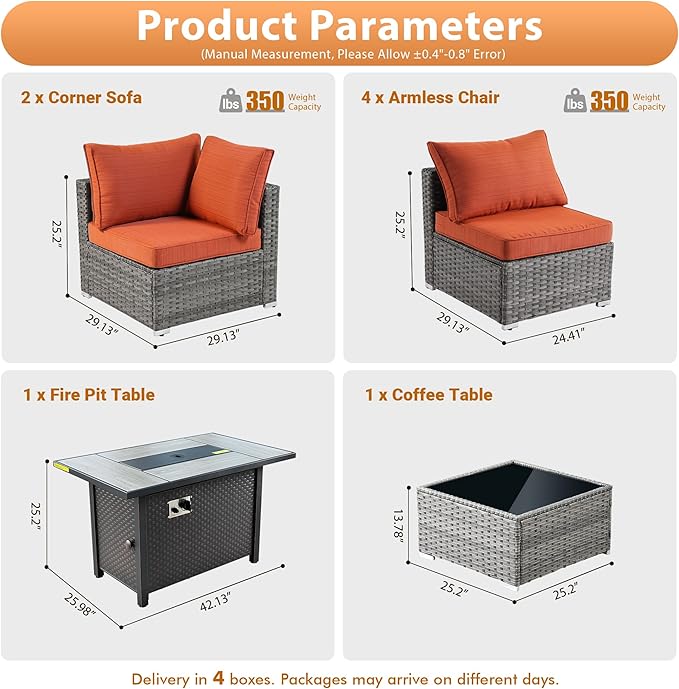 8 PCS Outdoor Patio Furniture Sets with 42'' Fire Pit Table,Wicker Weather Resistant Patio Conversation Set with Comfy Cushions,Modular L Shaped Sofa with Coffee Table for Yard,Orange Red