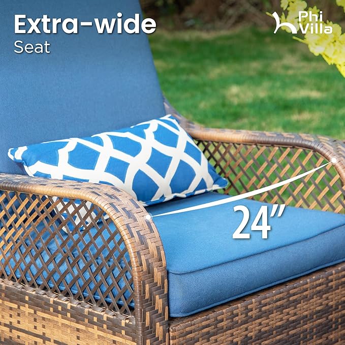 PHI VILLA Oversized Outdoor Wicker Patio Furniture Set 3 Piece, 2 Rattan Swivel Rocker Patio Chairs Large Oversized Deep Seating Group with Navy Blue Cushions & Side Table