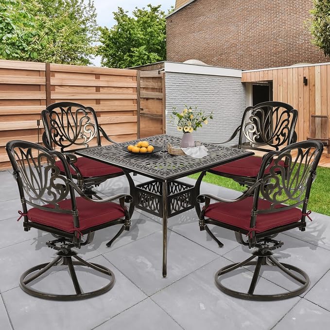 5 Piece Patio Dining Set, Outdoor Table and Chairs Set for 4 Cushioned Swivel Rocking Chairs and 35.4'' Square Table, All-Weather Cast Aluminum Patio Funiture Set, 2.2'' Umbrella Hole, Red