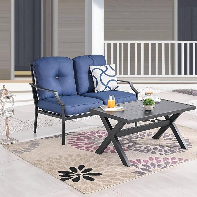 Patio Conversation Set 4 Pieces Metal Outdoor Furniture Sets Outside Loveseat with Rocking Chairs Coffee Table Thick Cushions (Blue)