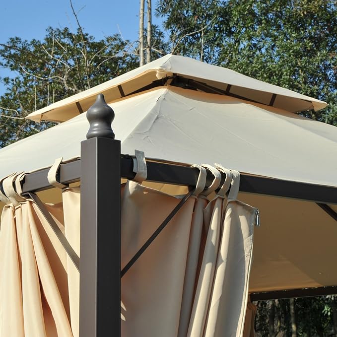 Outsunny 10' x 10' Steel Outdoor Patio Gazebo with Polyester Privacy Curtains, Two-Tier Roof for Air, Large Design