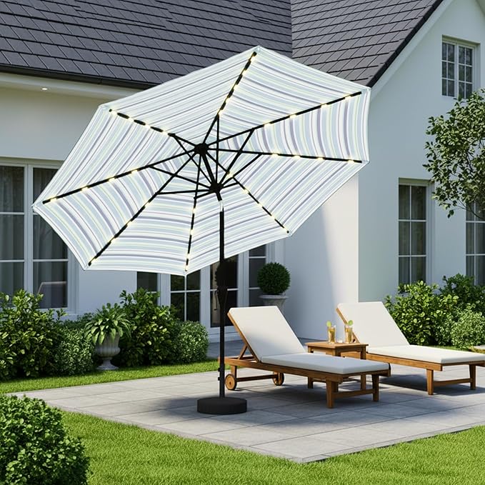 9' Solar LED Patio Umbrella with Tilt & Crank|8 Sturdy Ribs,UV Protection,Outdoor Market Table Umbrella for Deck,Lawn,Pool,Backyard (Blue Green Stripes)