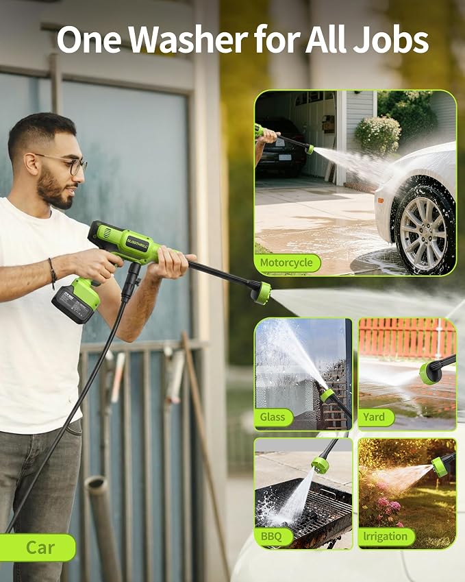 Cordless Portable Washer, 1100 PSI Battery Operated Washer with All-Copper Motor, Battery, 23FT Hose, Storage Bag; Handheld Washer; Lightweight Car Washer for Home, Garden (Endurance Green)