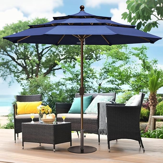 EliteShade USA 10-Year-Non-Fading 11ft 3-Tier Market Patio Umbrella, Commercial Grade Outdoor Table Umbrella with Crank Open, Windproof & UPF 50+ UV Protection, Heavy Duty Ventilation for Garden, Deck, Pool, Backyard, Beach & Bistro, No Tilt, Navy Blue