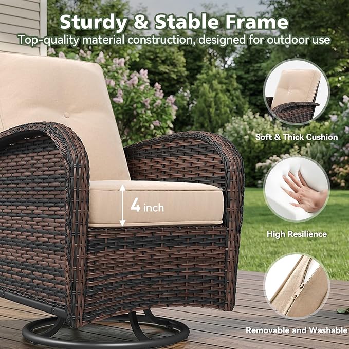 Aoxun 3 Piece Outdoor Patio Furniture Set with Side Table, Outdoor Patio Furniture Sets with High Back Swivel Rocker Chairs, Outdoor Sofa Set with Ottoman for Backyard & Garden, Beige