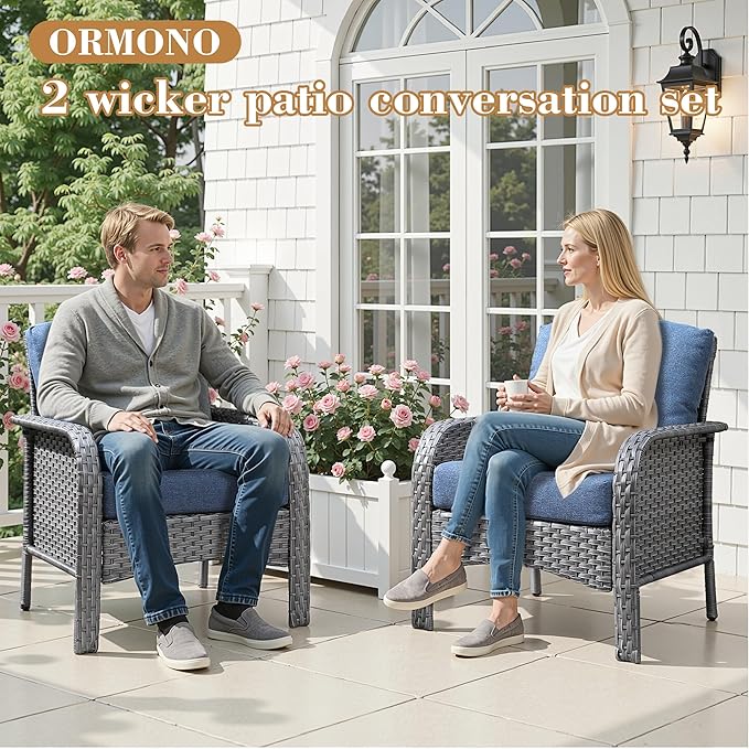 2 Pieces Patio Furniture Set, Two Single Chair Outdoor Furniture, All-Weather Rattan Wicker High Back Conversation Set of 2 for Small Space Porch, Backyard, Balcony, Denim Blue