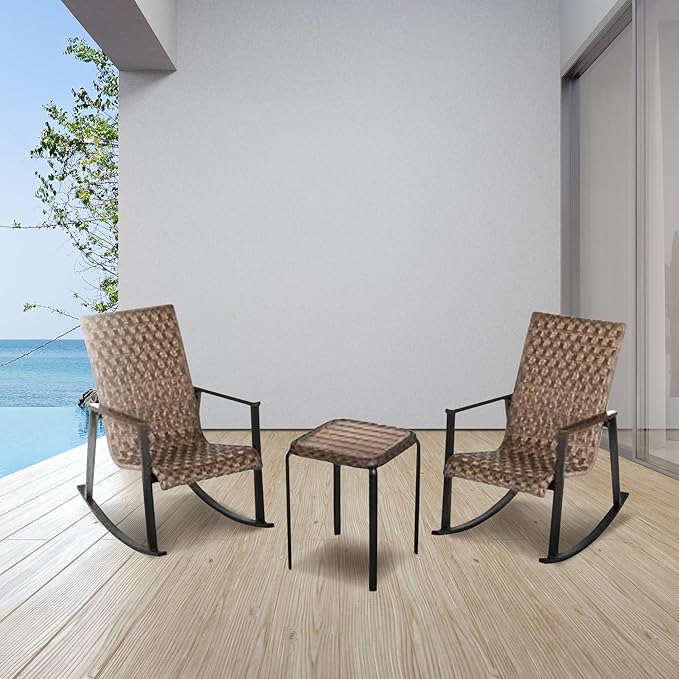 Four Seasons Courtyard Bayside 3 Piece Woven Wicker Patio Furniture Outdoor Seating Conversation Set with 2 Patio Chairs and Table, Brown