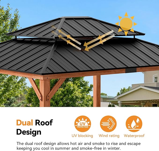 Modern Shade Rosewood Wood Gazebo 13' x 15', Hardtop Gazebo Permanent with Double Galvanized Steel Roof, Cedar Outdoor Gazebo with Sturdy Hooks for Garden, Backyard, Patio, and Deck