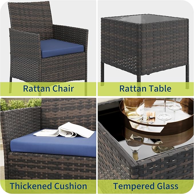 3-Piece Outdoor Furniture Set, PE Rattan Wicker Chairs with Soft Cushions & Tempered Glass Coffee Table - All-Weather Patio Set for Garden, Backyard, Porch, Poolside (Brown/Navy Blue)